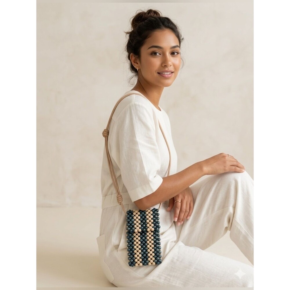 Universal Thread Beaded Crossbody Cell Phone Caddy Boho Travel Neutral & Blue